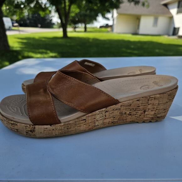 Crocs A-Leigh Brown Leather Cork Wedge Slide Platform Sandals Women’s 9 # 16205 - Picture 2 of 12